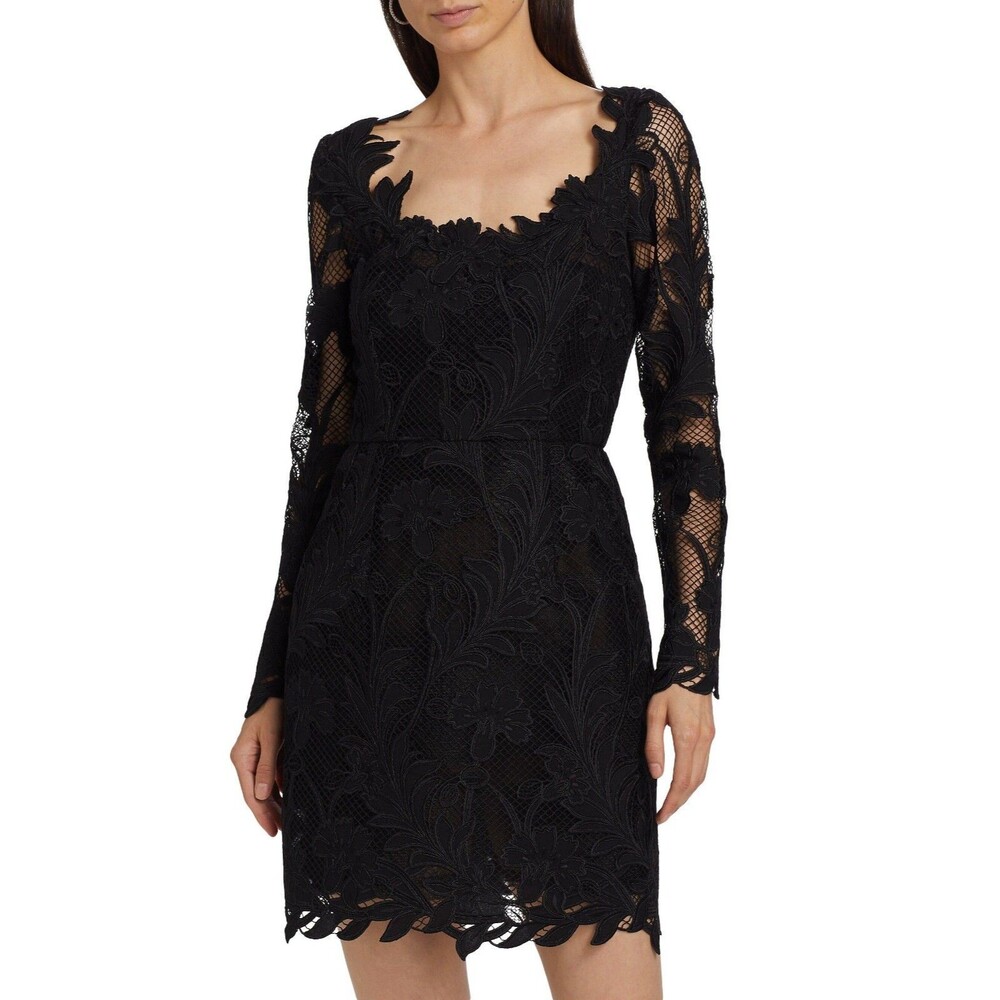 $4290 Oscar De La Renta Marbled Carnation Lace Party Mini Dress Black Size 10